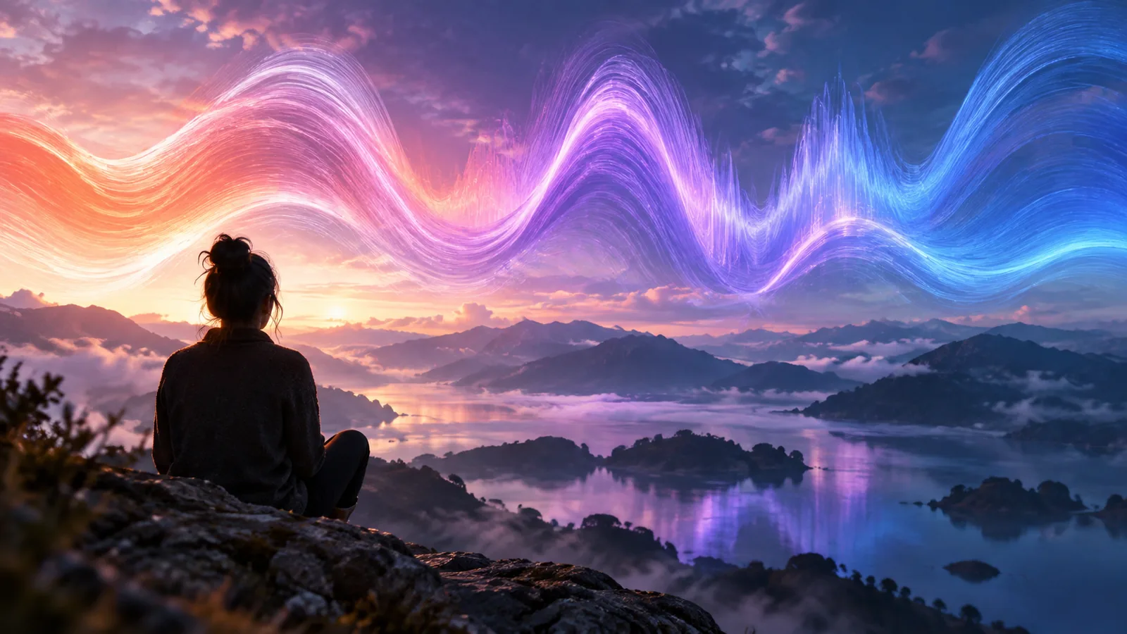 Atmosphärisches abstraktes Kunstwerk, inspiriert von einer Sprachwellenform, mit violetten, korallenfarbenen und blauen Pinselstrichen, die sich über das Bild bewegen.