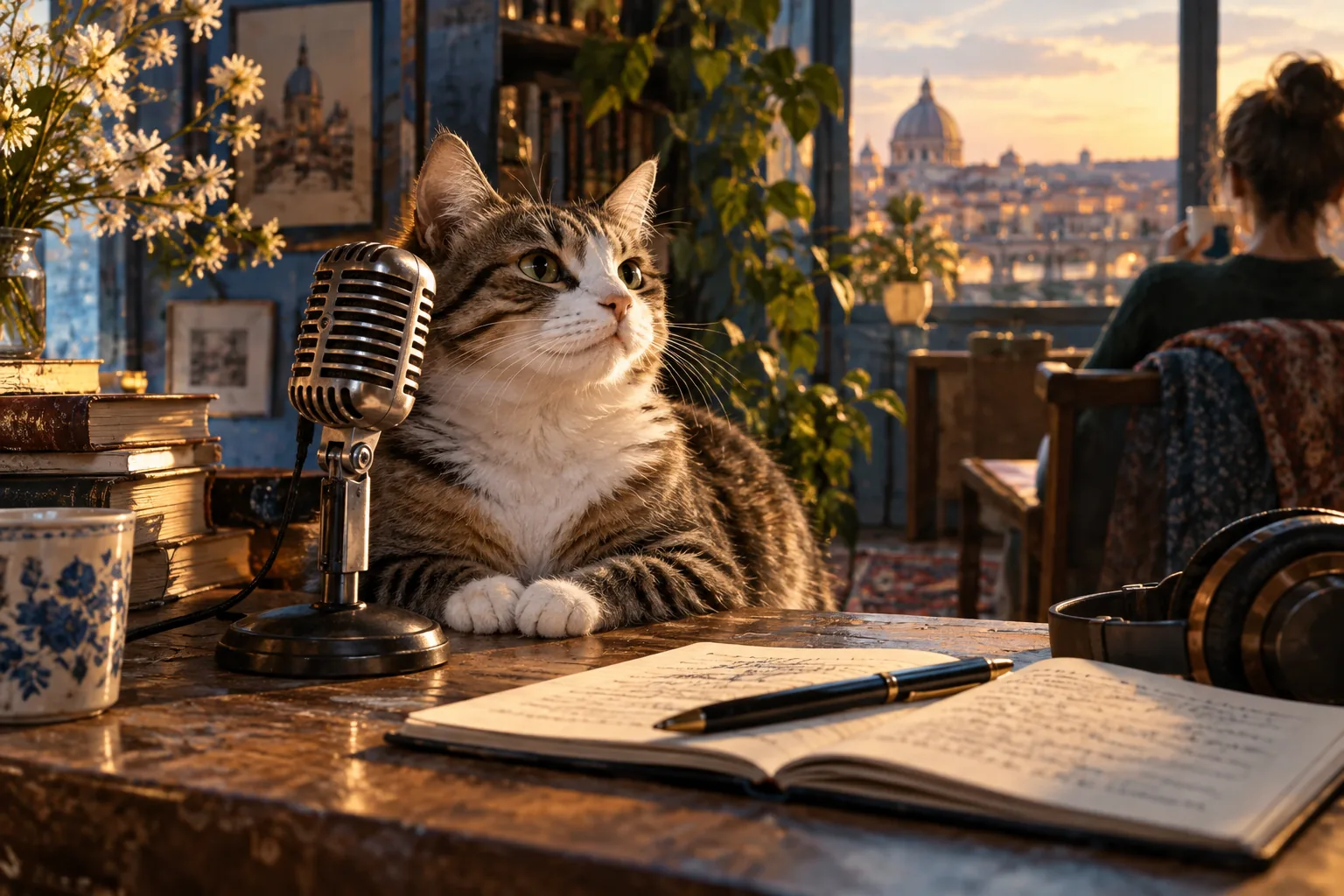 Malerische redaktionelle Szene mit einer Katze neben einem Vintage-Mikrofon und einem Notizbuch, in leuchtenden Blau- und warmen Ockertönen.