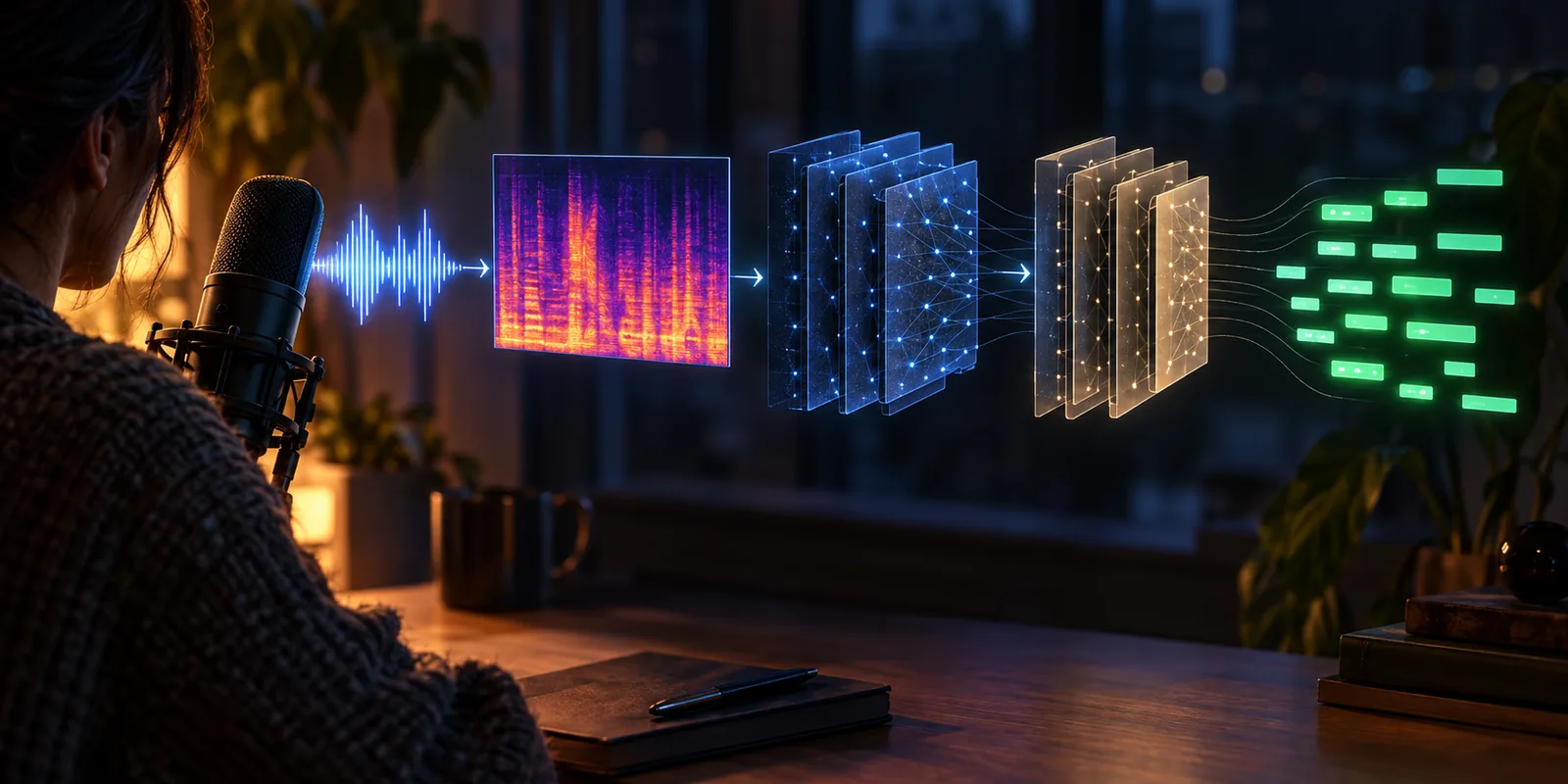 Redaktionelles technisches Diagramm, das zeigt, wie gesprochene Audiodaten in ein Log-Mel-Spektrogramm umgewandelt werden, Encoder- und Decoder-Blöcke durchlaufen und schließlich als klare grüne Text-Token enden.