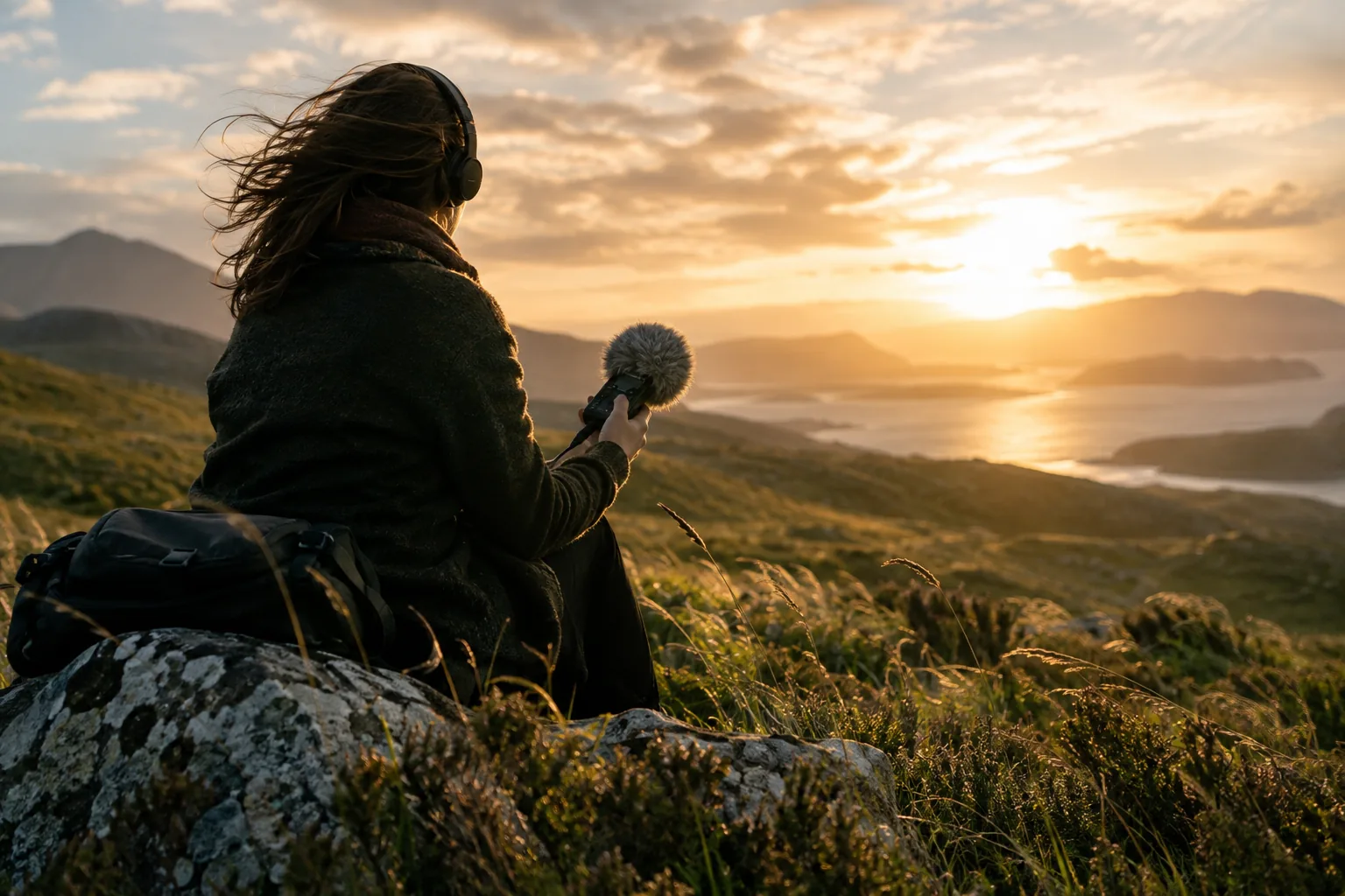 Stimmungsvolle dokumentarische Aufnahme eines Field Recorders in einer windigen Landschaft unter freiem Himmel, mit strukturierten Grüntönen und warmem Sonnenlicht.