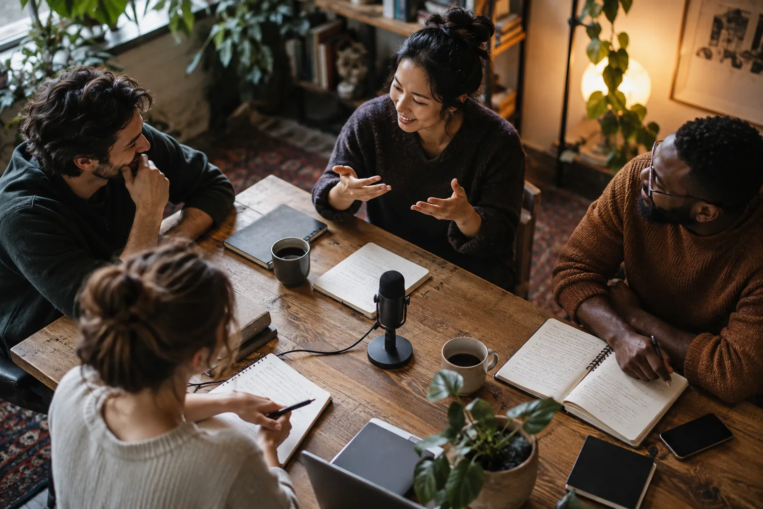 Warme redaktionelle Aufnahme eines kleinen Teams, das sich zur Aufzeichnung eines konzentrierten Meetings um einen Tisch versammelt hat, sanft beleuchtet und von oben aufgenommen.