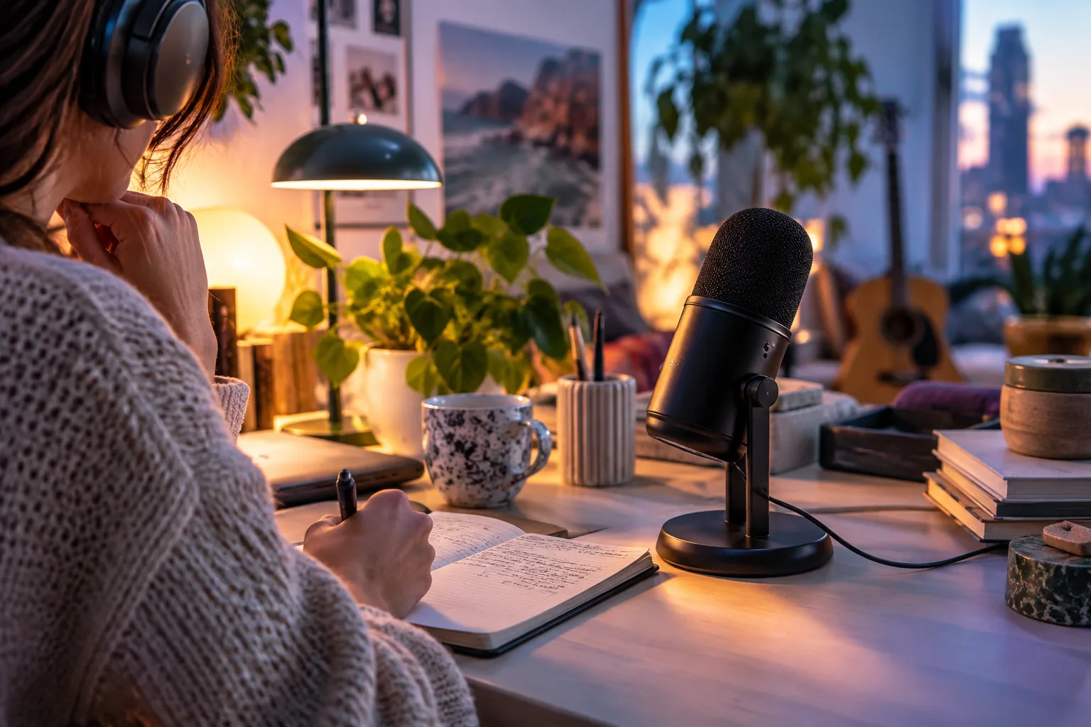 Farbenfrohe redaktionelle Aufnahme von Kopfhörern, einem Notizbuch und einem Podcast-Mikrofon auf einem kreativen Schreibtisch, lebendig und einladend.