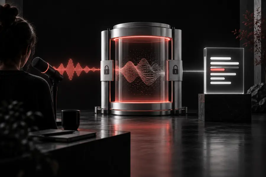 Abstrakte Illustration, die eine sichere Audioverarbeitung mit Whisper-Transkription darstellt