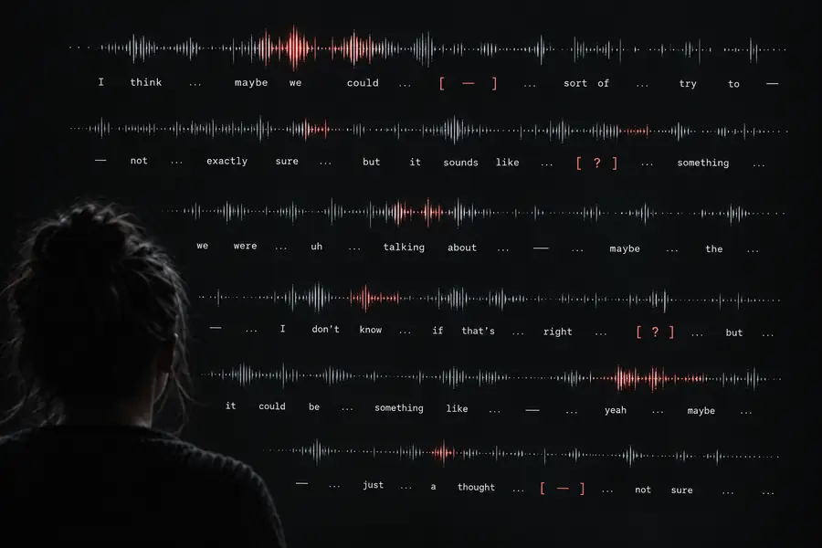 Raw audio transcription with uneven line breaks and uncertain wording